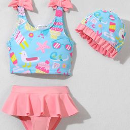 Mark & Mia Sleeveless Beach Theme Printed Two Piece Swimsuit with Cap & Bow Applique - Light Blue-image-33