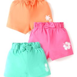 Babyhug Cotton Single Jersey Knit Mid Thigh Shorts With Floral Print Pack of 3 - Orange Pink & Green-image-44