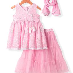 Babyhug Woven Sleeveless Net Embroidered Sequinned Long Choli With Lehenga & Dupatta Set- Pink-picture-18