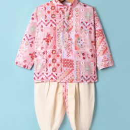 Dapper Dudes Full Sleeves Floral Printed Dhoti Kurta - Peach-image-66