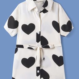 CrayonFlakes Rayon Half Sleeves Hearts Printed Belted Shirt Style Dress - Off White-image-84