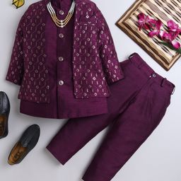 Ahhaaaa Brocade Full Sleeves Solid Kurta Pyjama With Sequin Embellished & Embroidered Jacket & Maala Set - Wine-image-52