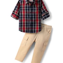Babyhug Cotton Woven Full Sleeves Shirt & Trouser Set with Checks - Red Navy Blue & Beige-image-42