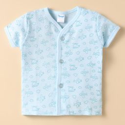 Tango Popcorn Knit Half Sleeves Front Open Jhabla with Aeroplane Print - Light Blue-image-99
