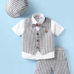 Rikidoos Half Sleeves Striped 3 Piece Party Suit Set With Bow & Cap Set - Black & White-picture-12