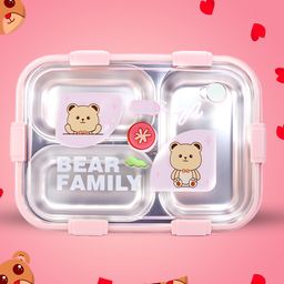 Attro Bento Deluxe 3 Compartment Inner Stainless Steel Lunch Box & Spoon 750 ml - Pink-image-67
