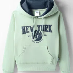 Taeko Full Sleeves Hooded Fleece Sweatshirt with Kangaroo Pocket & Text Print - Sea Green-picture-9