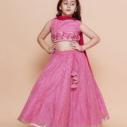 Bitiya By Bhama Silk Woven Sleeveless Floral Embroidered & Gota Lace Embellished Lehenga Choli WIth Dupatta Set - Pink-image-77