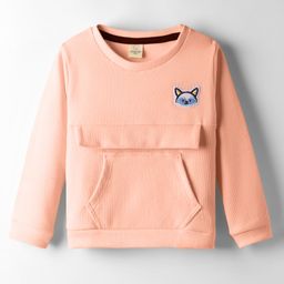 Olio Kids Knitted Full Sleeves Winter T-Shirt With Kangaroo Pockets & Fox Embroidery Patch - Peach-picture-47