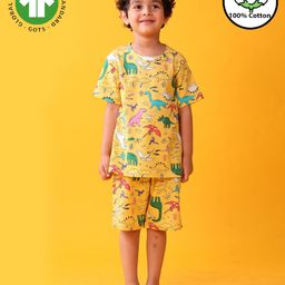 Anthrilo 100% Organic Cotton Knit Half Sleeves Dinosaur Printed Tee & Coordinating Shorts Set - Yellow-image-14