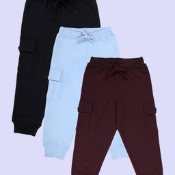Kiddopanti Pack Of 3 Cotton Fleece Knit Solid Cargo Pocket Detailed Track Pants - Black Ink Blue & Wine-picture-17