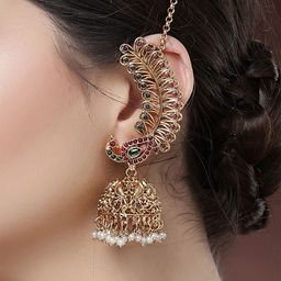 KARATCART Gold Plated Peacock Shaped Kundan Jhumkas Earrings-3