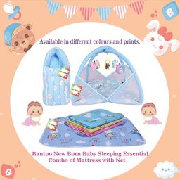Kwitchy New Born Baby Sleeping Essential Combo of Mattress with Net Sleeping Bag Nappy Changing Mats Set - Blue image 3