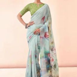 Satrani Blue Floral Print Saree With Unstitched Blouse-image-57