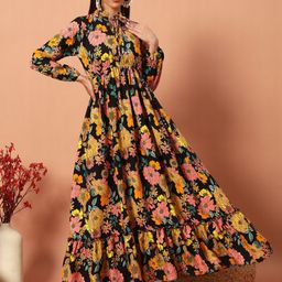 OTABU Floral Printed Tie-Up Neck Maxi Dress-image-46