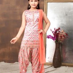Aarika Kids White & Peach Printed Kurti, Salwar with Dupatta-image-5