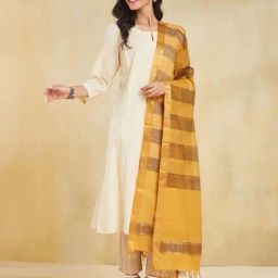 Fabindia Yellow Cotton Regular Fit Striped Dupatta-picture-36