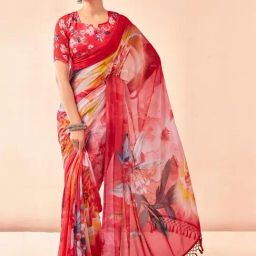 Satrani Red Floral Print Saree With Unstitched Blouse-image-44