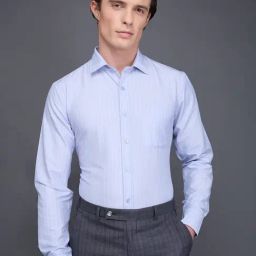 Daniel Hechter Blue Cotton Blend Slim Fit Stripes Formal Shirt-image-85