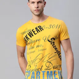 Pierre Carlo Men Mustard Yellow & Blue Typography Printed T-shirt-image-93