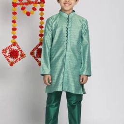 VASTRAMAY Kids Green Self Kurta Set-image-43