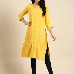 SHOWOFF Yellow Embroidered Straight Kurta-image-71