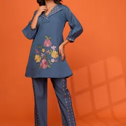 Kaftanize Steel Blue Multicolor Floral Embroidered Co-ord Set In Roman Silk-15