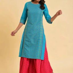 W Blue Printed Straight Kurta-image-97