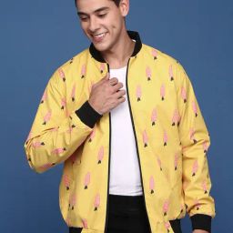 Showoff Mustard Nylon Slim Fit Graphic Jacket-image-81