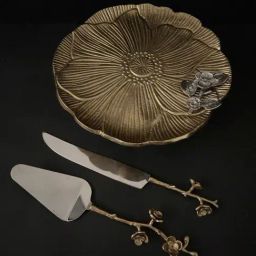 Casagold 3-Piece Gold Aurum Cake Platter With Pedestal Stand & Knife Set-image-39