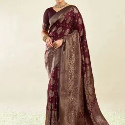Satrani Maroon Silk Blend Woven Saree With Unstitched Blouse-image-19