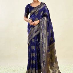 Satrani Navy Blue Silk Blend Woven Saree With Unstitched Blouse-image-89