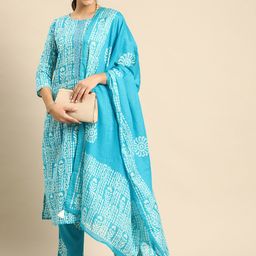 Anouk Blue & White Ethnic Motifs Print Mirror Work Cotton Straight Kurta Trousers Dupatta-2