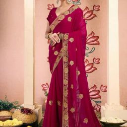 Satrani Pink Georgette Embroidered Saree With Unstitched Blouse-image-26