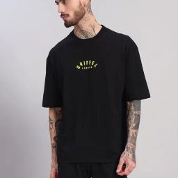 Griffel Black Cotton Loose Fit Printed Sports T-Shirt-image-92