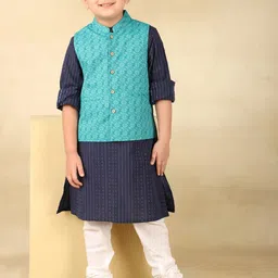 Fabindia Boys Striped Band Collar Neck Long Sleeves Straight Kurta With Churidar & Jacket-image-12