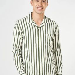 People By Pantaloons Olive Cotton Boxy Fit Striped Shirt-image-59