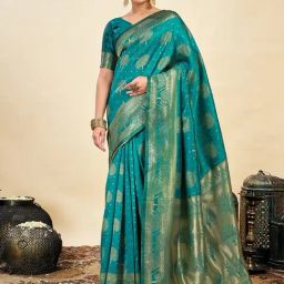 Satrani Green Silk Blend Woven Saree With Unstitched Blouse-image-66