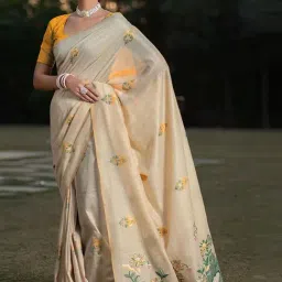 Satrani Beige Cotton Woven Saree With Unstitched Blouse-image-9