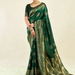 Satrani Green Silk Blend Woven Saree With Unstitched Blouse-image-82