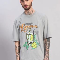 Griffel Grey Cotton Loose Fit Printed Sports T-Shirt-picture-1