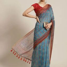 Silk Land Blue & Red Printed Saree With Unstitched Blouse-image-8