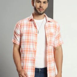 Chimpaaanzee Orange & White Poly Cotton Regular fit Checks Shirt-picture-1