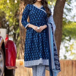KALINI Floral Printed V Neck A Line Pure Cotton Kurta With Trousers & Dupatta-picture-42