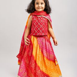 Babyhug Woven Sleeveless Bandhani Print Choli Lehenga With Dupatta - Red-image-2