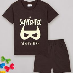 Sheer Love Half Sleeves Super Hero Sleeps Here Text Printed Tee With Solid Shorts - Brown-image-49
