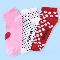 Pine Kids Low Ankle Length Socks Heart Design Pack of 3 - Red Pink & White-image-57