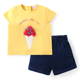 Babyhug Cotton Knit Half Sleeves Top & Shorts Set with Ice Cream Applique- Yellow & Blue-picture-11