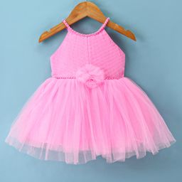 Bluebell Net Sleeveless Halter Neck Frock with Floral Applique & Pleated Yoke - Pink-image-1