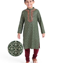 EARTHY TOUCH Single Jersey Knit Full Sleeves Kurta Pyjama Set withFoil Print & SequinnedDetailing - Green & Maroon-image-56